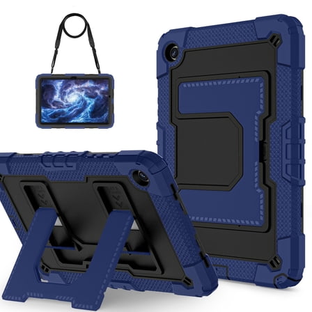ELEHOLD Rugged Case For Samsung Galaxy Tab A11 2025,8.7-inch, Heavy Duty Shockproof Foldable Kickstand Shock-Absorbent Protective Case Cover with Shoulder Strap, Navyblue+Black