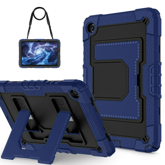 ELEHOLD Rugged Case For Samsung Galaxy Tab A11 2025,8.7-inch, Heavy Duty Shockproof Foldable Kickstand Shock-Absorbent Protective Case Cover with Shoulder Strap, Navyblue+Black