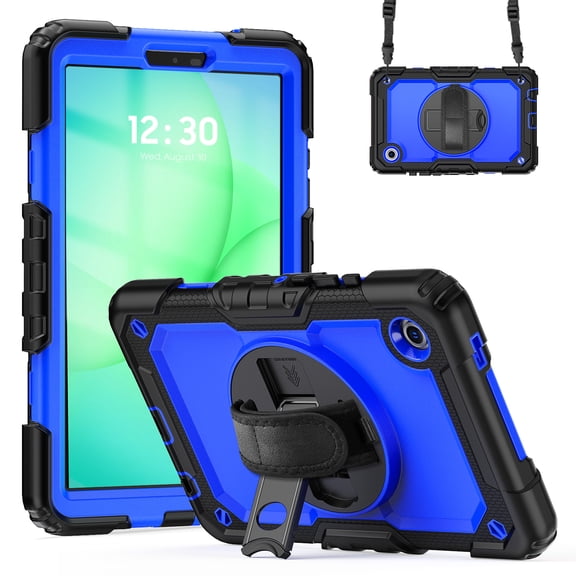 ELEHOLD Rugged Case for Samsung Galaxy Tab A11 2025 8.7-inch, Three-Layer Kickstand Handstrap Shoulder Strap Shockproof Case Built-in Screen Protector ,Black + Blue