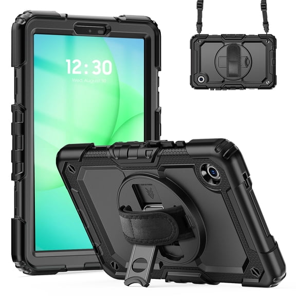 ELEHOLD Rugged Case for Samsung Galaxy Tab A11 2025 8.7-inch, Three-Layer Kickstand Handstrap Shoulder Strap Shockproof Case Built-in Screen Protector ,Black