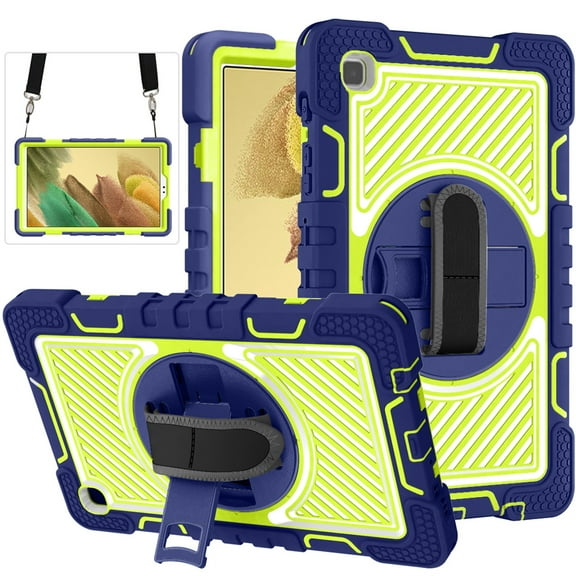 ELEHOLD Rugged Case for Samsung Galaxy Tab A7 Lite 8.7 (2021) Three-Layer Hybrid Muti-Functional Case with 360° Rotating Kickstand Handstrap Crossbody Shoulder Strap Shockproof Case, Green