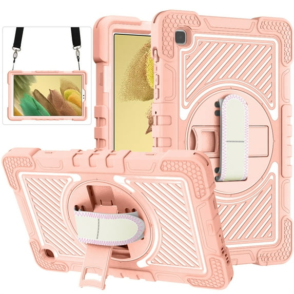 ELEHOLD Rugged Case for Samsung Galaxy Tab A7 Lite 8.7 (2021) Three-Layer Hybrid Muti-Functional Case with 360° Rotating Kickstand Handstrap Crossbody Shoulder Strap Shockproof Case, Rosegold