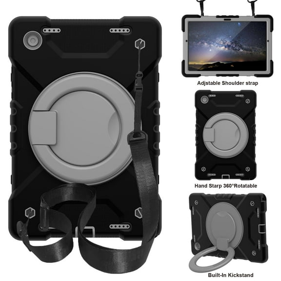 ELEHOLD Rugged Case for Samsung Galaxy Tab A7 Lite 8.7 (2021) Three-Layer Protection PC+Silicone Case with 360° Rotatable Kickstand Folding Handle Grip Shoulder Strap Shockproof Case,G