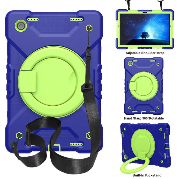 ELEHOLD Rugged Case for Samsung Galaxy Tab A7 Lite 8.7 (2021) Three-Layer Protection PC+Silicone Case with 360° Rotatable Kickstand Folding Handle Grip Shoulder Strap Shockproof Case,B
