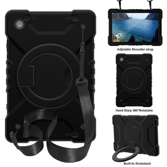 ELEHOLD Rugged Case for Samsung Galaxy Tab A7 Lite 8.7 (2021) Three-Layer Protection PC+Silicone Case with 360° Rotatable Kickstand Folding Handle Grip Shoulder Strap Shockproof Case,F