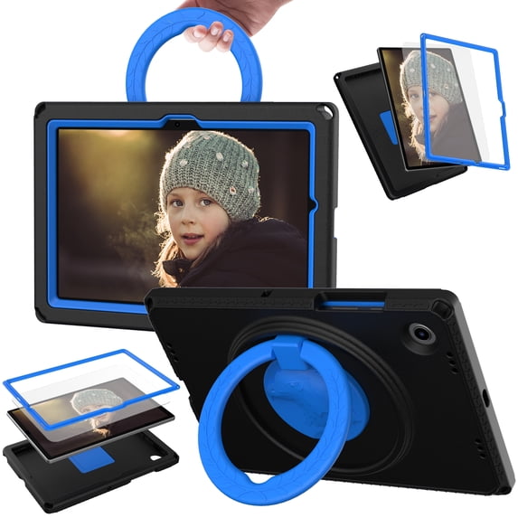 ELEHOLD Rugged Case for Samsung Galaxy Tab A8 10.5 (2022) with 360° Rotatable Folding Handle Grip Kickstand Function Shockproof Protective Washable Case,Black