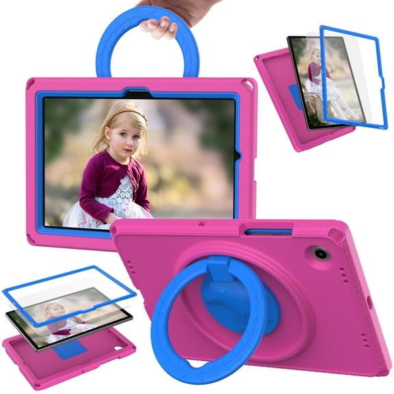ELEHOLD Rugged Case for Samsung Galaxy Tab A8 10.5 (2022) with 360° Rotatable Folding Handle Grip Kickstand Function Shockproof Protective Washable Case,Rose