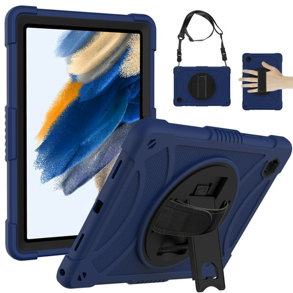 ELEHOLD Rugged Case for Samsung Galaxy Tab A8 10.5 (2022), Dual-Layer Heavy Duty Shockproof Case with 360° Rotatable Foldable Kickstand Handstrap Crossbody Shoulder Strap (X200/X205),Darkblue