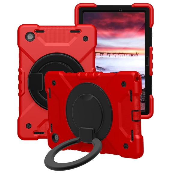 ELEHOLD Rugged Case for Samsung Galaxy Tab A8 10.5" (X200/X205/X207),Three-Layer Protection PC+Silicone Case with 360° Rotatable Kickstand Folding Handle Grip Shoulder Strap Shockproof Case,Red