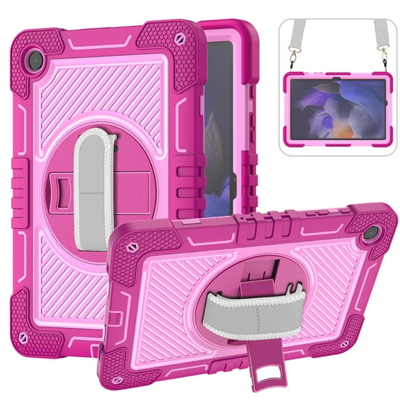 ELEHOLD Rugged Case for Samsung Galaxy Tab A9 8.7"(2023) Three-Layer Hybrid Multi-Functional Case with 360° Rotating Kickstand Handstrap Crossbody Shoulder Strap Shockproof Case, Rose + Pink