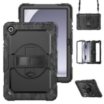 ELEHOLD Rugged Case for Samsung Galaxy Tab A9 /A9 Plus Built-in Screen Protector, 360° Rotating Kickstand Hand Shoulder Strap Pencil Holder Full-Body Shockproof Protective Cover,Black