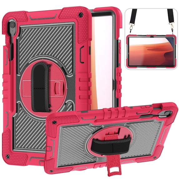 ELEHOLD Rugged Case for Samsung Galaxy Tab S10 FE+ 2025, 13.1-inch, 3-Layer Hybrid Case with 360° Rotating Kickstand Handstrap Crossbody Shoulder Strap Shockproof Case,Red + Black