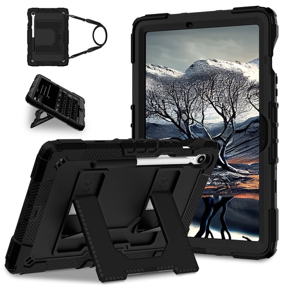 ELEHOLD Rugged Case For Samsung Galaxy Tab S10 FE/S9 FE/S9 / S10 Lite 2025 , Heavy Duty Shockproof Foldable Kickstand Drop Protection Cover with Shoulder Strap, Black