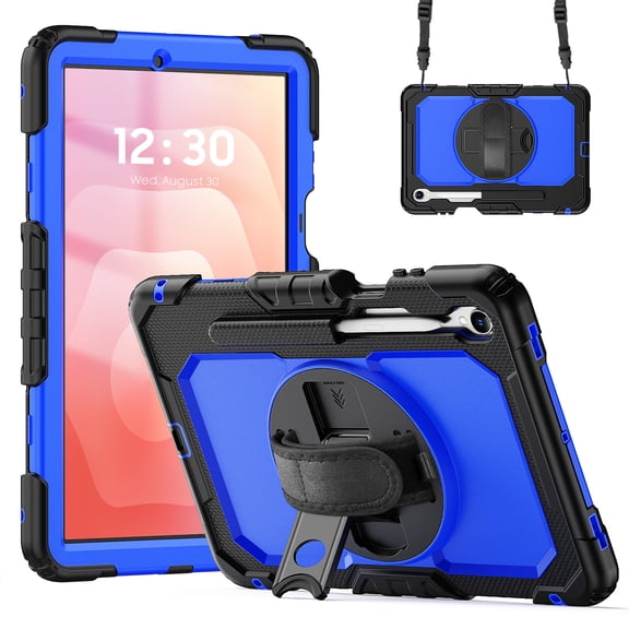ELEHOLD Rugged Case for Samsung Galaxy Tab S11 2025 11-inch, Three-Layer Kickstand Handstrap Shoulder Strap Shockproof Case Built-in Screen Protector ,Black + Blue