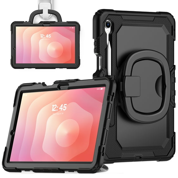 ELEHOLD Rugged Case for Samsung Galaxy Tab S11 2025,11-inch, Three-Layer Protection with Screen Protector Portable Folding Handle Grip 360° Rotating Kickstand Bracket Shockproof Cover,Black