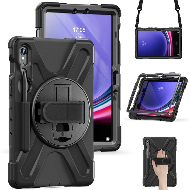 ELEHOLD Rugged Case for Samsung Galaxy Tab S9 11" Tablet SM-X710 X716B/ Tab S8/S7, Heavy Duty Shockproof Rotating Stand Handstrap Pen Holder Case with Shoulder Strap for Galaxy Tab S9/S8/S7 - Black