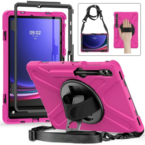 ELEHOLD Rugged Case for Samsung Galaxy Tab S9 Plus / Tab S9 FE Plus 12.4" Tablet, Heavy Duty Shockproof Rotating Stand Handstrap Pen Holder Case with Shoulder Strap for Galaxy 12.4 Inch,Rose