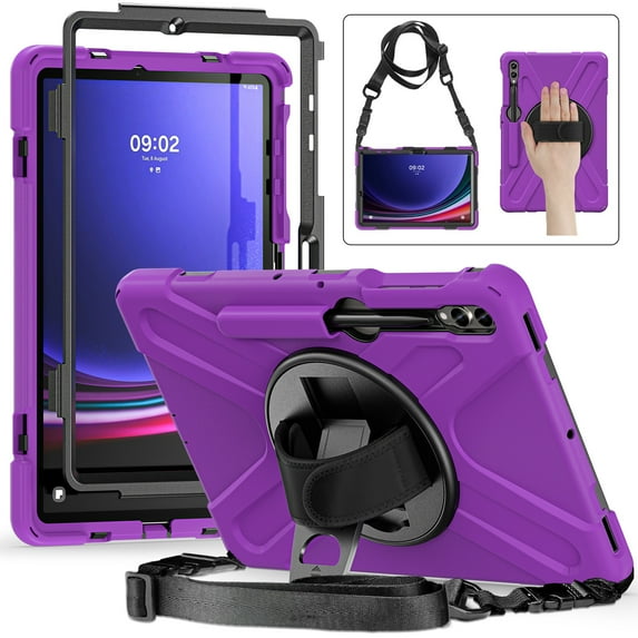 ELEHOLD Rugged Case for Samsung Galaxy Tab S9 Plus / Tab S9 FE Plus 12.4" Tablet, Heavy Duty Shockproof Rotating Stand Handstrap Pen Holder Case with Shoulder Strap for Galaxy 12.4 Inch,Purple