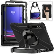 ELEHOLD Rugged Case for Samsung Galaxy Tab S9 Plus / Tab S9 FE Plus 12.4" Tablet, Heavy Duty Shockproof Rotating Stand Handstrap Pen Holder Case with Shoulder Strap for Galaxy 12.4 Inch, Black