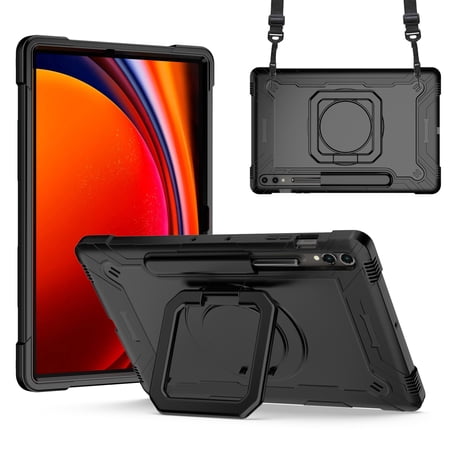 ELEHOLD Rugged Case for Samsung Galaxy Tab S9+/S9 FE+ 2023 with 360° Rotating Handle Grip Kickstand Function Detachable Crossbody Shoulder Strap for Kids Children Adults Shockproof Case,Black