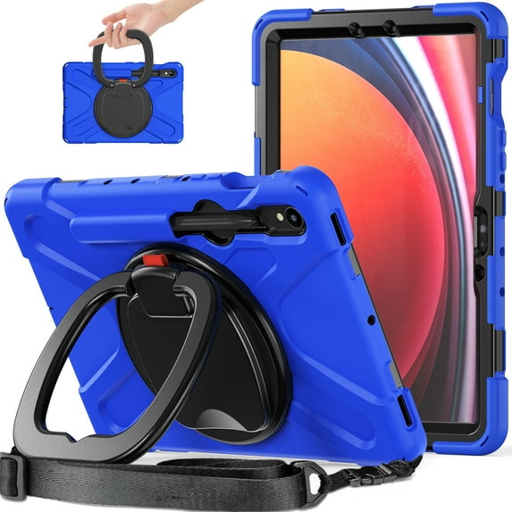 ELEHOLD Rugged Case for Samsung Galaxy Tab S9 Ultra 14.6" 2023 Tablet, with 360° Rotation Kickstand Handle Grip Crossbody Shoulder Strap Heavy Duty Shockproof Protective Cover,Blueblack