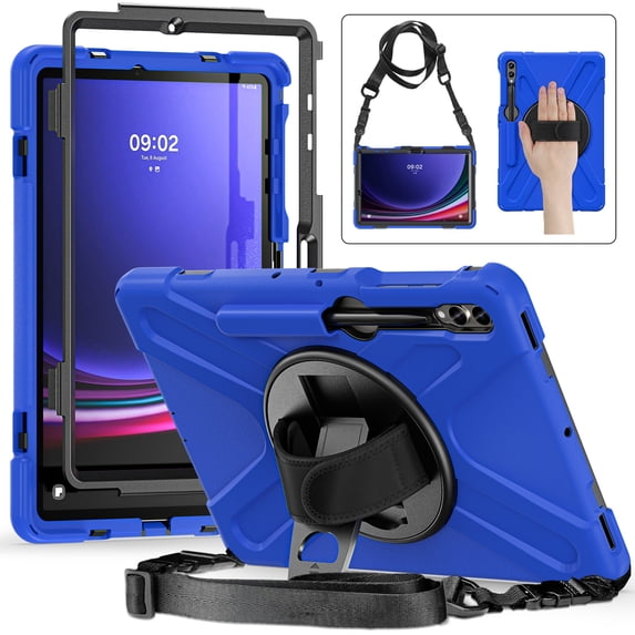 ELEHOLD Rugged Case for Samsung Galaxy Tab S9 Ultra (X910/X916B) Tablet, Heavy Duty Shockproof Rotating Stand Handstrap Pen Holder Case with Shoulder Strap ,Blue