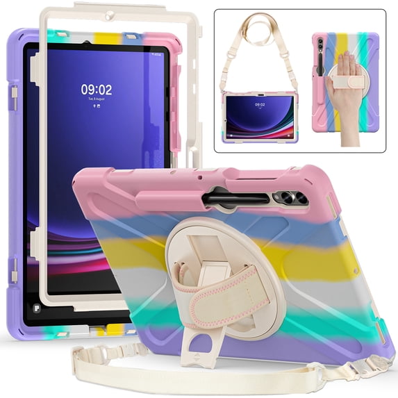 ELEHOLD Rugged Case for Samsung Galaxy Tab S9 Ultra (X910/X916B) Tablet, Heavy Duty Shockproof Rotating Stand Handstrap Pen Holder Case with Shoulder Strap ,Rainbow Pink