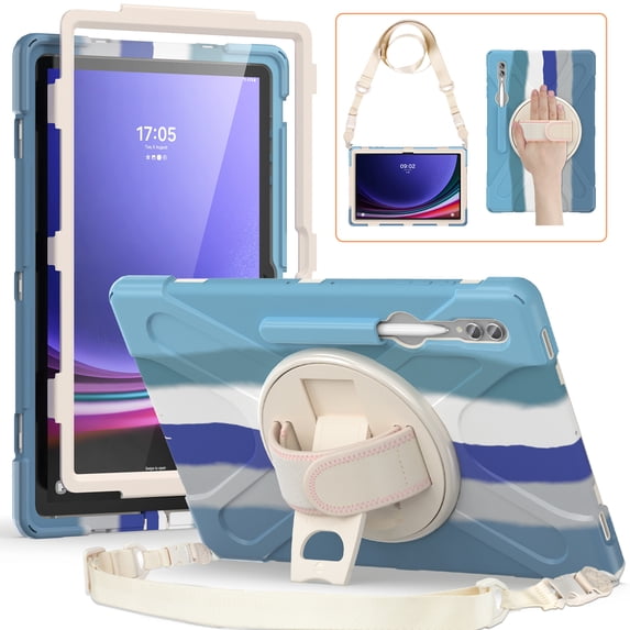ELEHOLD Rugged Case for Samsung Galaxy Tab S9 Ultra (X910/X916B) Tablet, Heavy Duty Shockproof Rotating Stand Handstrap Pen Holder Case with Shoulder Strap ,Rainbow Blue