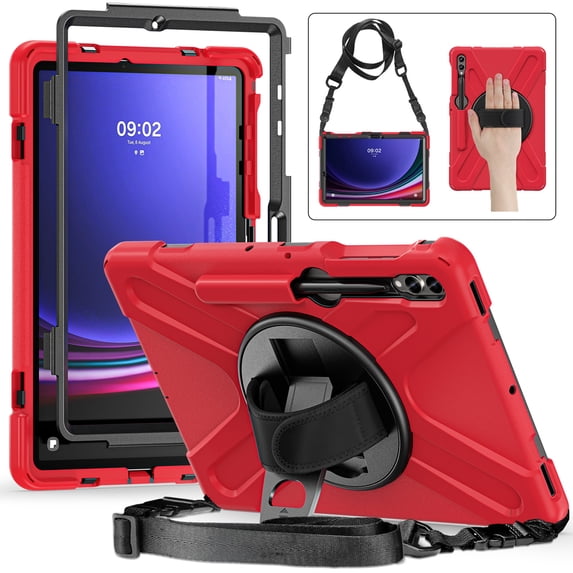 ELEHOLD Rugged Case for Samsung Galaxy Tab S9 Ultra (X910/X916B) Tablet, Heavy Duty Shockproof Rotating Stand Handstrap Pen Holder Case with Shoulder Strap ,Red