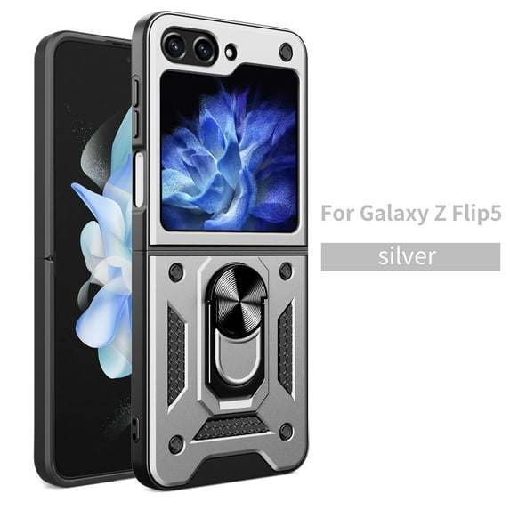 ELEHOLD Rugged Case for Samsung Galaxy Z Flip 5, Built-in Screen Protector Hybrid Shockproof with Ring Holder Kickstand Function Work with Magnetic Car Mount Heavy Duty Case,Silver