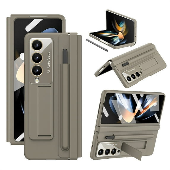 ELEHOLD Rugged Case for Samsung Galaxy Z Fold 4 Case with Built-in Screen Protector, Invisible Kickstand,Hinge Protector,Free Stylus Pen, Lens Protection Samsung Z Fold 4 Shockproof Case,Brown