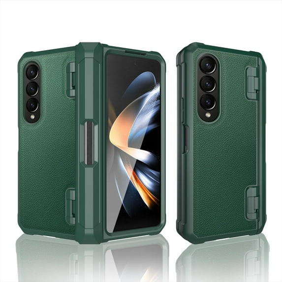 ELEHOLD Rugged Case for Samsung Galaxy Z Fold 4,Lychee Leather Pattern Design Built-in Screen Protector Pen Slot Full Body Hinge Protection Shockproof Non-Slip Heavy Duty Case,Green