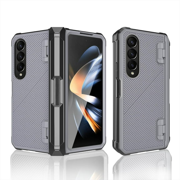 ELEHOLD Rugged Case for Samsung Galaxy Z Fold 4,Twill Pattern Design Built-in Screen Protector Pen Slot Full Body Hinge Protection Shockproof Non-Slip Heavy Duty Case,Gray