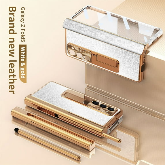 ELEHOLD Rugged Case for Samsung Galaxy Z Fold 5 2023, Hinge Protection Built-in Screen Protector Full Body Shockproof Plating Leather Hidden Stand Case with Stylus for Samsung Z Fold 5,Silver+Gold