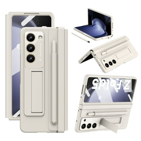 ELEHOLD Rugged Case for Samsung Galaxy Z Fold 5 Case with Built-in Screen Protector, Invisible Kickstand,Hinge Protector,Free Stylus Pen, Lens Protection Samsung Z Fold 5 Shockproof Case,White