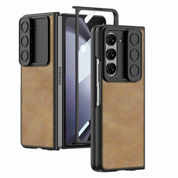 ELEHOLD Rugged Case for Samsung Galaxy Z Fold 5 Case with Built-in Screen Protector Slide Camera Lens Protector Full Body Shockproof Luxury Leather Case for Samsung Z Fold 5 2023 - Brown