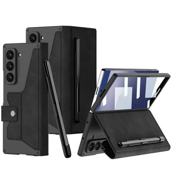 ELEHOLD Rugged Case for Samsung Galaxy Z Fold 5, Flip Folio S Pen Holder Kickstand Magnetic Closure Business PU Leather Full Body Protective Case with Screen Protector,Black