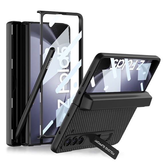 ELEHOLD Rugged Case for Samsung Galaxy Z Fold 5 Full Body Case, Built-in Screen Protector Magnetic Hinge Protection Pen Holder Hidden Stand Hybrid Shockproof Protection Case for Z Fold5,Carbon Fiber