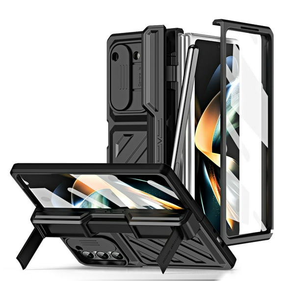 ELEHOLD Rugged Case for Samsung Galaxy Z Fold 5, with Slide Camera Lens Cover, Built-in Screen Protector & Foldable Kickstand & Stylus, Heavy Duty Full Body Protective Case for Samsung Z Fold 5,Black