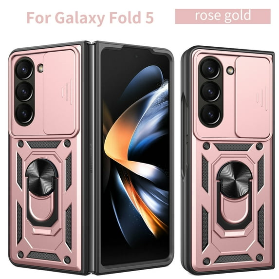 ELEHOLD Rugged Case for Samsung Galaxy Z Fold 5, Slide Camera Lens Protector Hybrid Shockproof with Ring Holder Kickstand Function Work with Magnetic Car Mount Heavy Duty Case,Rosegold