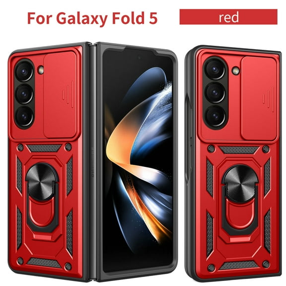 ELEHOLD Rugged Case for Samsung Galaxy Z Fold 5, Slide Camera Lens Protector Hybrid Shockproof with Ring Holder Kickstand Function Work with Magnetic Car Mount Heavy Duty Case,Red