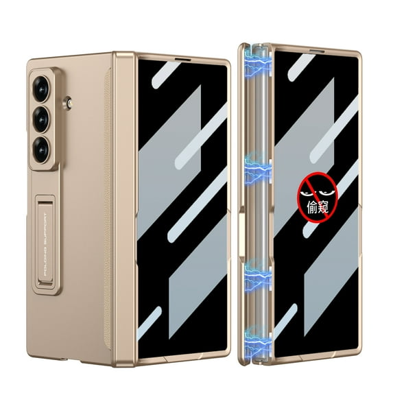 ELEHOLD Rugged Case for Samsung Galaxy Z Fold 6 With Front Privacy Screen Protector, Full Body Shockproof Foldable Kickstand Rugged Cover Magnetic Hinge Protection,Gold