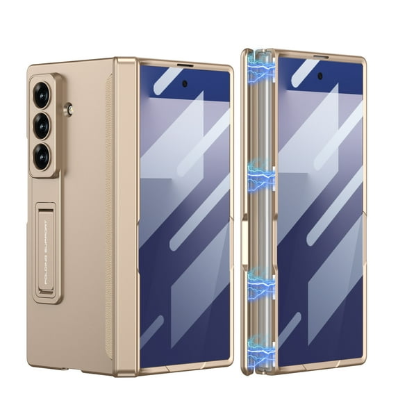 ELEHOLD Rugged Case for Samsung Galaxy Z Fold 6 With Front Screen Protector, Full Body Shockproof Foldable Kickstand Rugged Cover Magnetic Hinge Protection,Gold