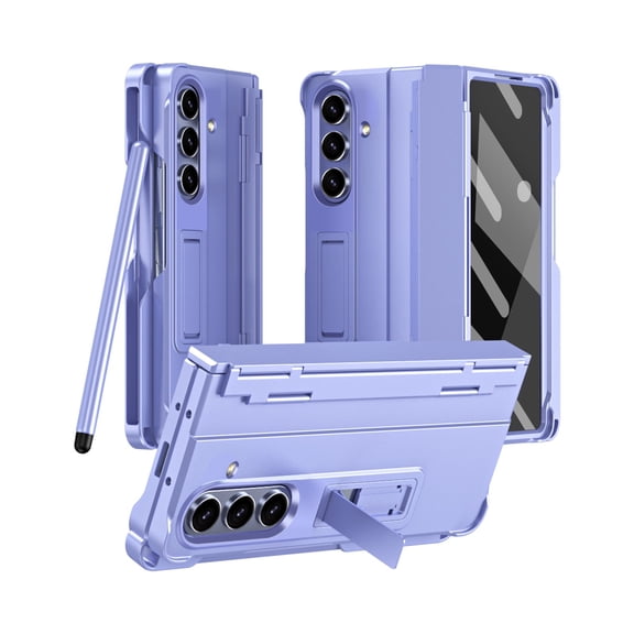 ELEHOLD Rugged Case for Samsung Galaxy Z Fold 7 Built-in Front Screen Protector ,Luxury Shockproof PC Pen Holder Kickstand Hinge Protection Case Cover with Stylus, Purple