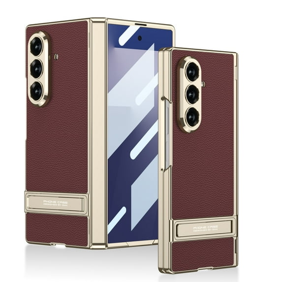 ELEHOLD Rugged Case for Samsung Galaxy Z Fold 7, Faux Leather Plating Anti-Scratch Foldable Kickstand Shockproof Case Cover with Front Tempered Glass,Winered