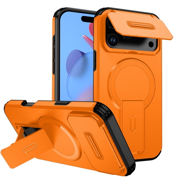 ELEHOLD Rugged Case for iPhone 18 Pro Max Compatible with MagSafe,Shockproof TPU+PC Fold Kickstand Cover with Sliding Camera Lens Protection,Orange