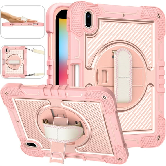 ELEHOLD Rugged Case for iPad 10.9 2022 Three-Layer Hybrid Muti-Functional Case with 360° Rotating Kickstand Pencil Holder Handstrap Shoulder Strap Shockproof Case
For iPad 10th Gen 10.9 (2022),C