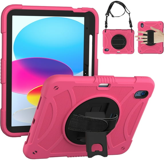 ELEHOLD for iPad 10th Gen 10.9 inch 2022, Heavy Duty Shockproof Rugged Handle Shoulder Strap Rotating Kickstand Cover with Pencil Holder, rose