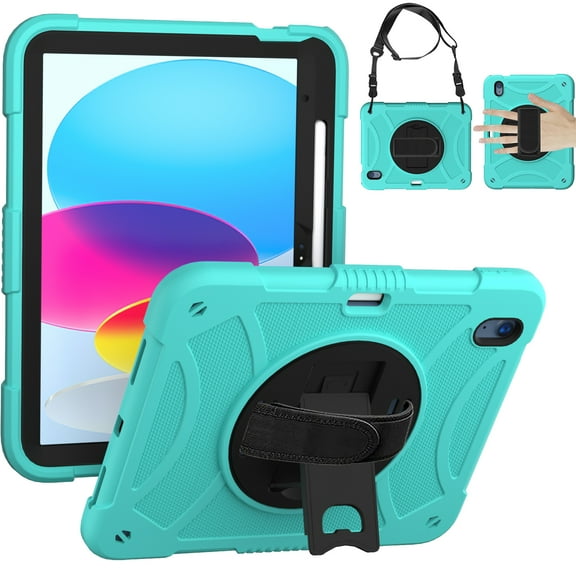 ELEHOLD Rugged Case for iPad 10th Gen 10.9" 2022, Dual-Layer Heavy Duty Shockproof Case with 360° Rotatable Foldable Kickstand Handstrap Crossbody Shoulder Strap Pencil Holder,Mint
