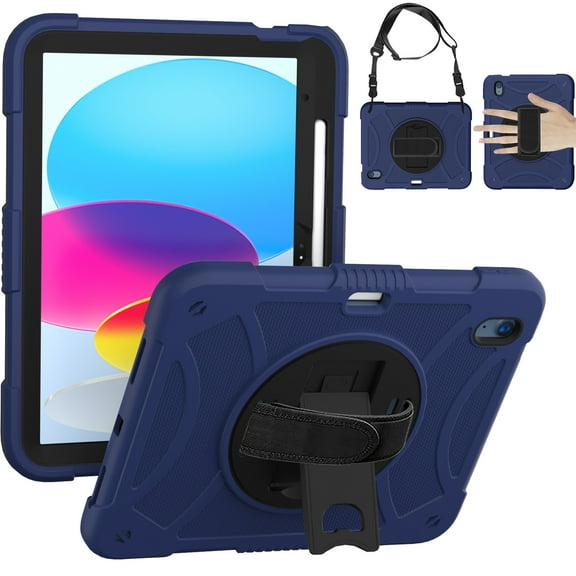 ELEHOLD for iPad 10th Gen 10.9 inch 2022, Heavy Duty Shockproof Rugged Handle Shoulder Strap Rotating Kickstand Cover with Pencil Holder, darkblue